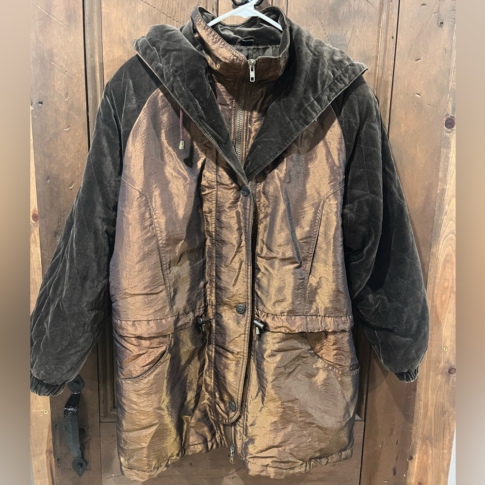 FOG LONDON FOG SHIMMERY BROWN & VELVETY FULL ZIP WITH SNAP CLOSURE HOODED COAT